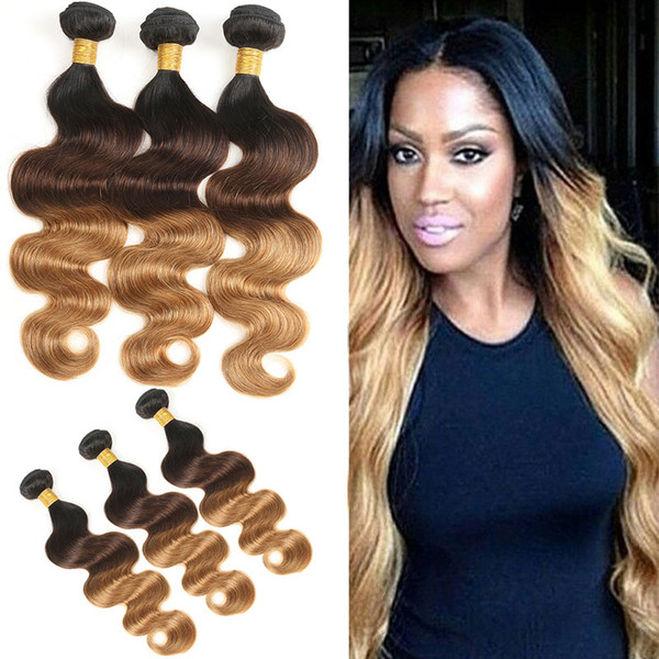 Malaysian Ombre Human Hair Weave Bundles T1B/4/27 Dark Root Honey Blodne Body Wave Three Tone Colored Malaysian Virgin Hair 