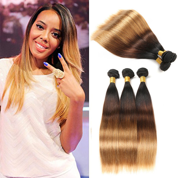 Ombre Straight Bundles Unprocessed Mongolian Ombre Silky Straight Bundles Human Hair Weave Weft Extensions 1b/4/27 Color 