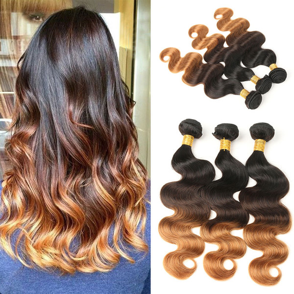 Malaysian Virgin Human Hair 3 Bundles Ombre Human Hair Weave Bundles Three Tone 1B/4/30 Honey Blonde Remy Extensions