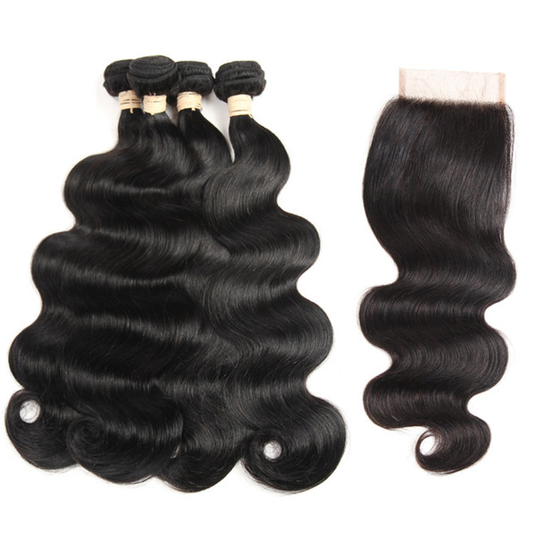 Brazilian Vrgin Human Hair 4 Bundles with Closure 8A Grade Body Wave Hair Weaves and Closure Unprocessed Brazilian Virgin Hair Extensions