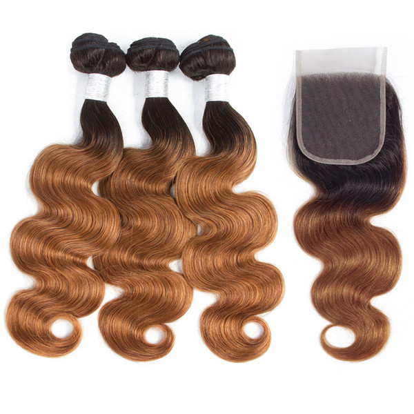 Ombre Brazilian Body Wave Human Hair Bundles With 4X4 Lace Closure 1B/30 Blonde Brazilian Human Hair Weave 3 Bundles With Closure HCDIVA