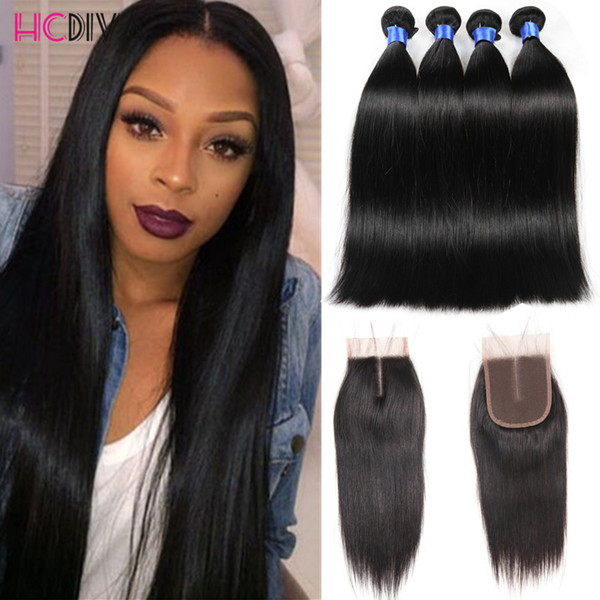 Brazilian Virgin Straight With Closure Unprocessed Brazilian Straight Hair 4 Bundles With Closure Brazilian Human Hair Weave HCDIVA