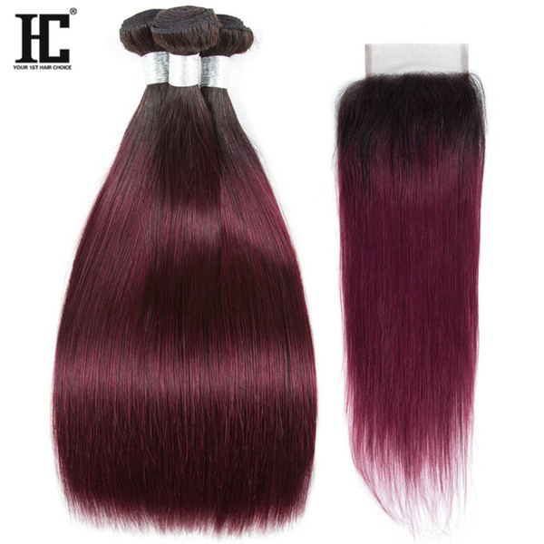 1b/99j Ombre Human Hair Bundles with Closure Peruvian Straight Hair With Closure Ombre Blonde Human Hair 3 Bundles With Closure 100% Human