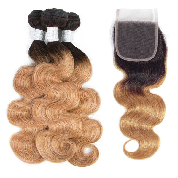 Peruvian Virgin Hair Pre-colored 3 Bundles Body Wave Ombre Human Hair Bundles with Closure Ombre Blonde 1b/27 Non remy Peruvian Hair Weave