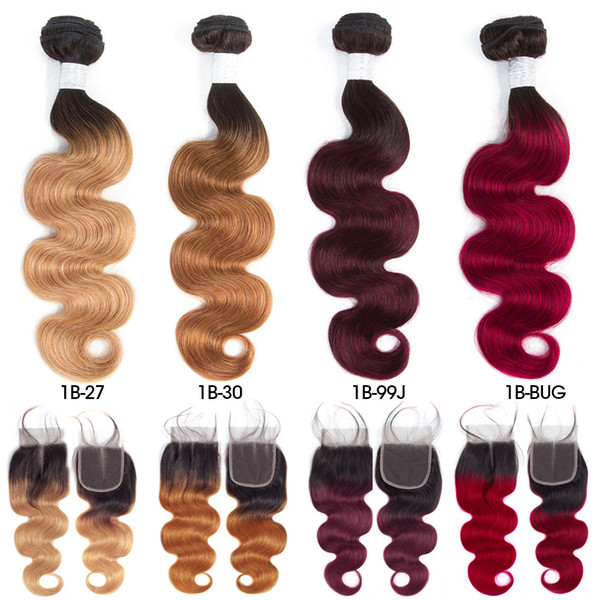 Pre-colored Raw Indian Hair 3 Bundles with Closure 1b/27 Ombre T1B/99J Body Wave Human Hair Weaves Bundles with Closure T1B/30 T1B/BUG