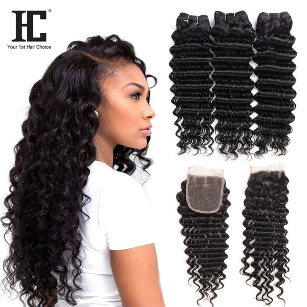 Brazilian Virgin Hair Deep Wave Bundles With Closure 4 Pcs/Lot Brazilian Hair Weave Wet And Wavy Human Hair 3 Bundles With Lace Closure Body