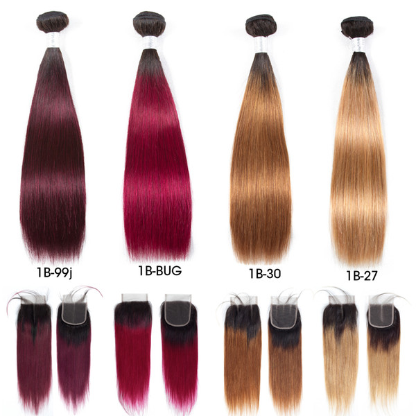Pre-colored Raw Indian Hair 3 Bundles with Closure 1b/27 Ombre T1B/99J Straight Human Hair Weaves Bundles with Closure T1B/30 T1B/BUG