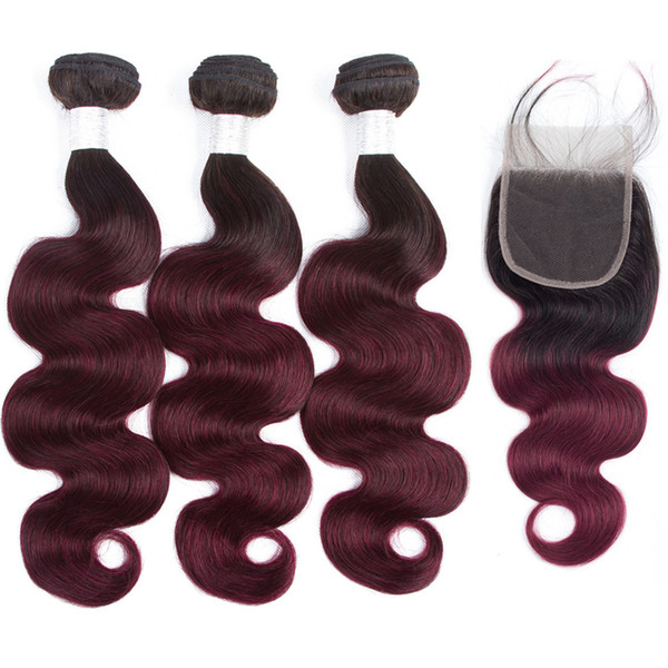 Fashion Girl Ombre Brazilian Hair 3 Bundles with Lace Closure 1b/99j Body Wave Human Hair Bundles Two Tone Ombre Brazilian Human Hair Body