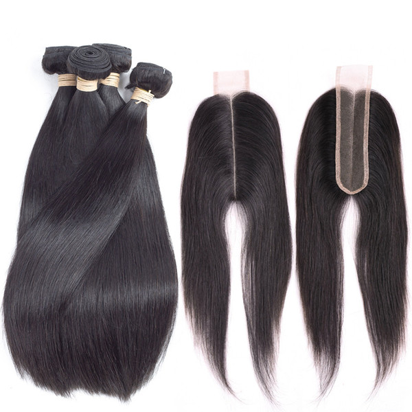 Peruvian Virgin Hair Straight With 6x2 Closure 4 Bundles Peruvian Straight Hair With Closure Deep Long Middle Parting Human Swiss Lace