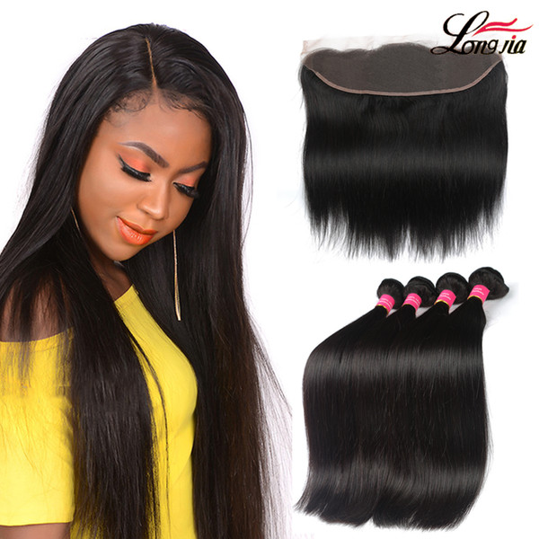 Brazilian Straight hair human hair bundles with lace Frontal Ear to Ear Lace Frontal Closure straight Virgin Hair 13x4 Frontal With Bundles