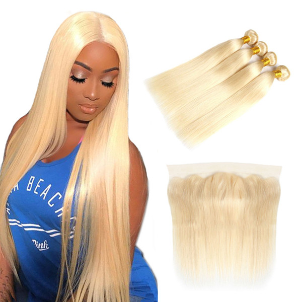 Peruvian Straight 613 Blonde hair Lace Frontal straight human hair 3 bundles with lace frontal Straight Virgin human hair extension