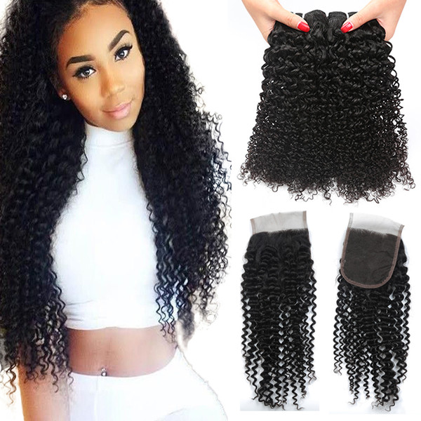 Malaysian Kinky Curly 3/4 Bundles with 4x4 Lace Closure Brazilian Afro Kinky Virgin Human Hair With Closure Unprocessed Human Hair Extension