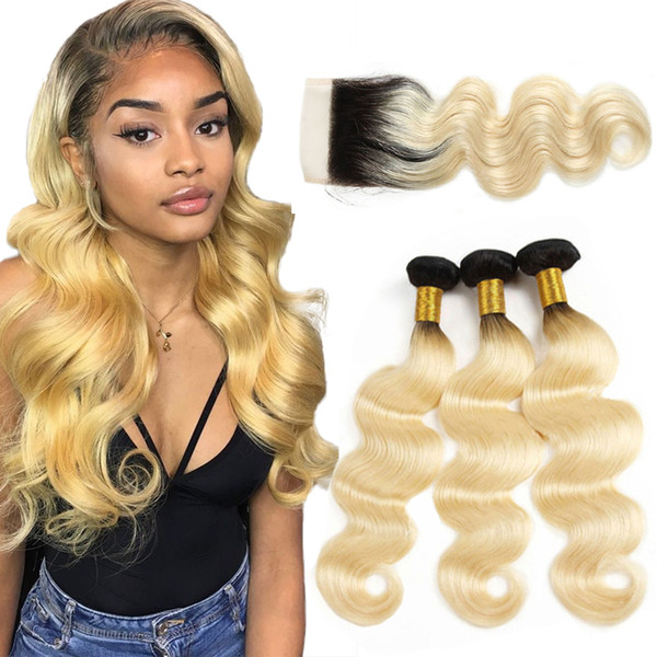 Peruvian Body Wave Ombre 613 Blonde hair Lace Closure Body wave human hair bundles with lace Closure Body wave Virgin human hair extension