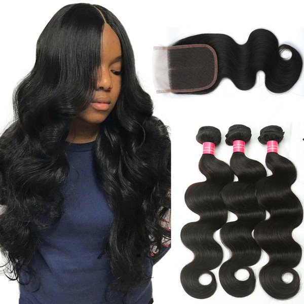 Wholesale Brazilian Body Wave 3/4 Bundles With Lace Closure Natural Color Unprocessed Brazilian human hair closure 4x4 Human hair extensions
