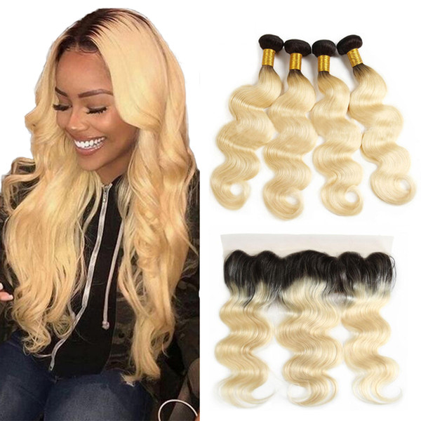Body Wave 1B/613 Ombre Blonde hair Lace Frontal Brazilian Body Wave Hair Bundles with Frontal Ombre Body Wave Human hair Extension