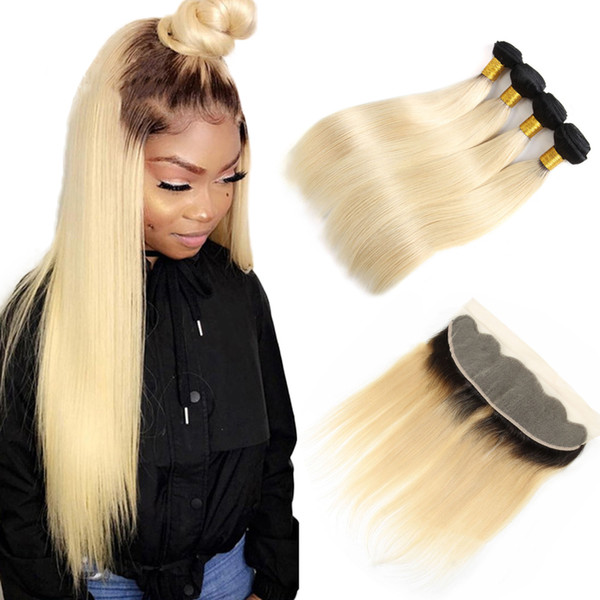 1b/613 Ombre Straight Blonde hair Brazilian Straight human Hair Bundles with Frontal Ombre Straight frontal Human hair Extension