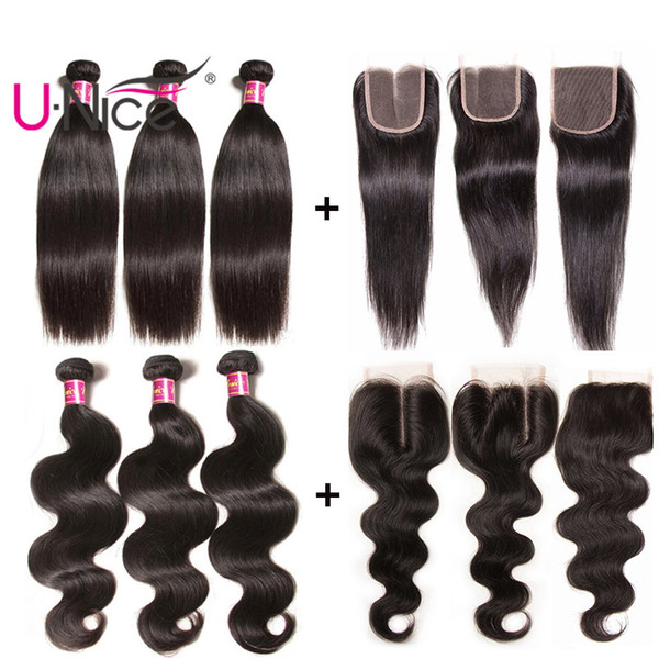 UNice Hair Brazilian Body Wave Bundles With Closure Peruvian Straight Human Hair Bundles with Closure Human Hair Extensions Wholesale Cheap