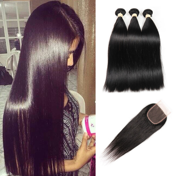 100% Human Hair Brazilian Straight Human Hair Waving 3 Bundles With Closure 4x4 Free Part Natural Color Virgin Hair 4 Pcs/Lot