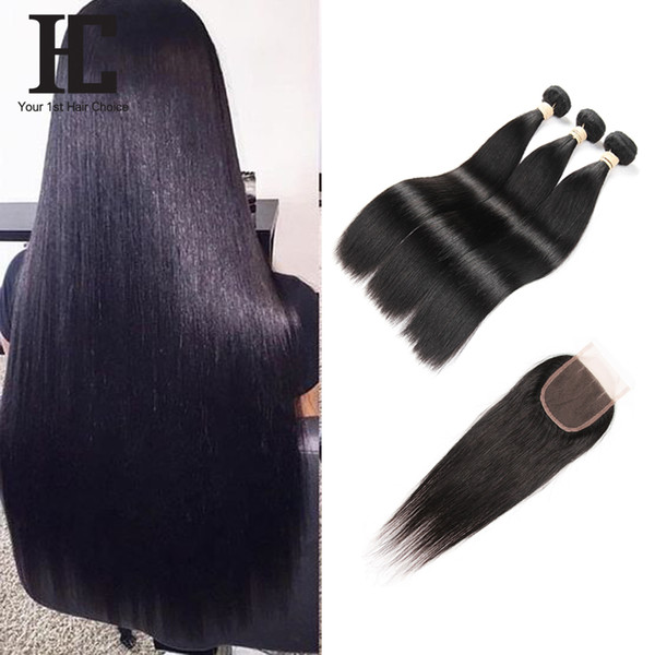 Brazilian Straight Hair 3 Bundels With Lace Closure Remy Human Hair Bundles 4PCS PACK 4*4 lace Closure