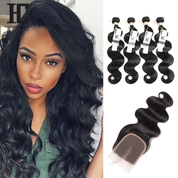 HC Hair Brazilian Body Wave Virgin Hair Weaves 4 Bundles With Lace Closure Unprocessed Brazilian Malaysian Peruvian Indian Remy Human Hair