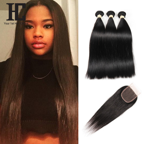 Brazilian Virgin Hair Bundles Straight Virgin Human Hair 3 Bundles with 4*4 Lace Closure Natural Color Unprocessed Free Middle 3Part