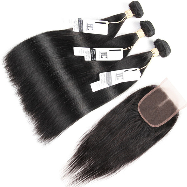 Brazilian Straight Hair Human Hair Bundles with Closure 3 Bundles With Closure Natural Color 100g/Bundle Unprocessed HumanHair Extensions