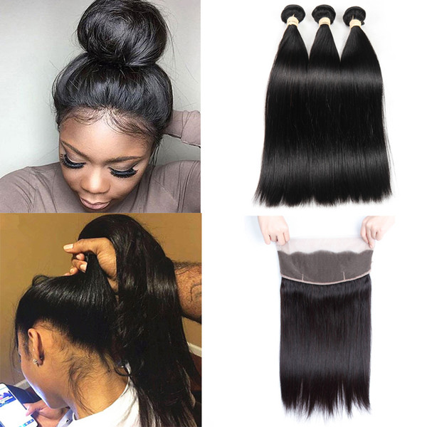 360 Lace Frontal With 3 Bundles For Black Women 150% Density Pre Plucked Brazilian Straight Lace Front Human Hair NonRemy With Baby Hair