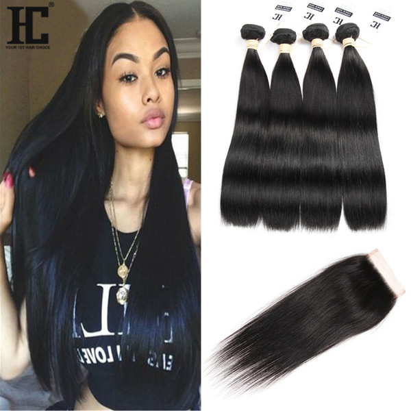 Malaysian Straight Human Hair 3 Bundles With Closure Malaysian Hair Top Lace Closure with Baby Hair Extension Natural Color HC