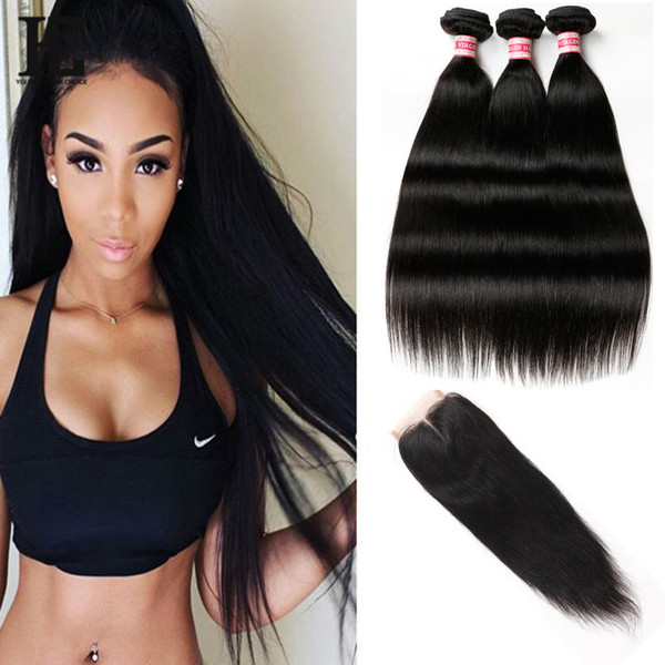 Peruvian Hair Bundles With Closure Straight 3 Bundles 8A Grade Peruvian Hair Weave 4 Pcs/Lot Human Hair Bundles With Closure 