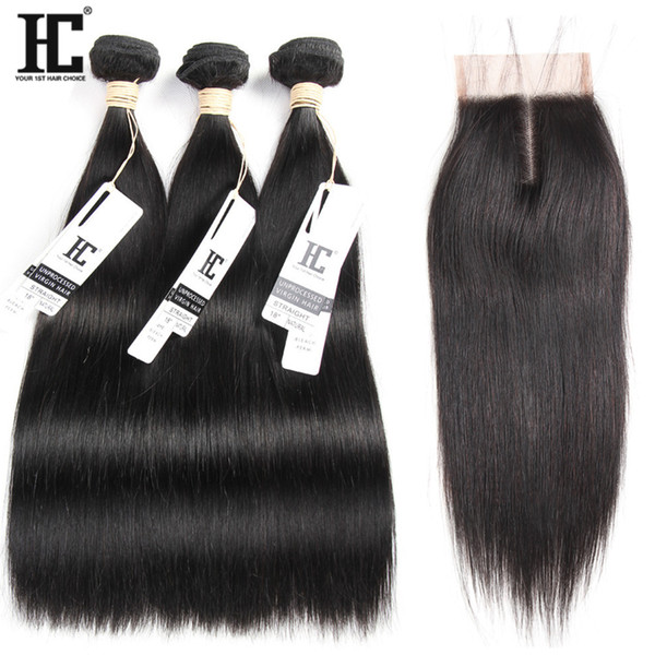 Unprocessed Brazilian Straight Human Hair 3 Bundles With Closure Brazilian Human Hair Weft With Lace Closure Silk Straight For Hair Salon