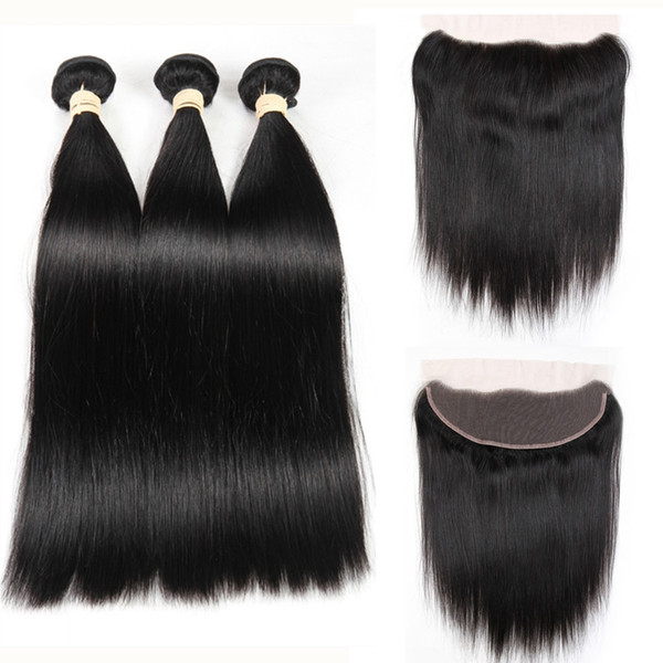 Peruvian 3 Bundles Straight Hair With Lace Frontal Closure 100% Human Hair Weave 13*4 Frontal Natural Color Remy Hair