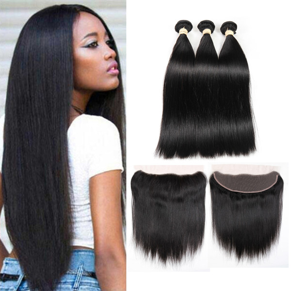 Brazilian Virgin Hair Straight 3 Bundles with Lace Frontal Closure Unprocessed Brazilian Human Hair Bundles with Frontal