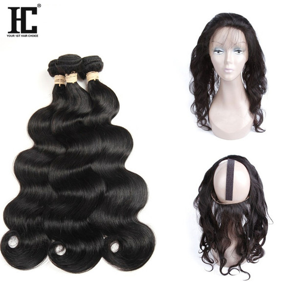 Pre Plucked 360 Lace Frontal With 3 Bundles Body Wave Brazilian Frontal Closure with Baby Hair Natural Black Non-remy Hair