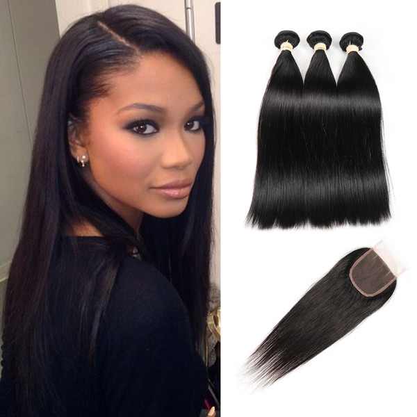 Brazilian Straight Hair 3 Bundles With Closure Natural Color Remy Hair 4 Pcs/Lot Human Hair Bundles and Lace Closure