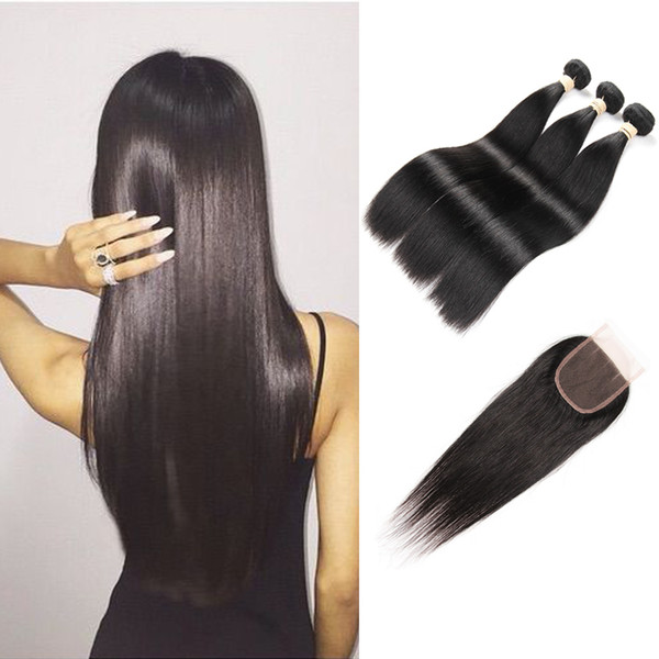 Brazilian Straight Human Hair 3 Bundles Deal With 4*4 Lace Closure Free Middle Three Part Natural Color Remy Hair