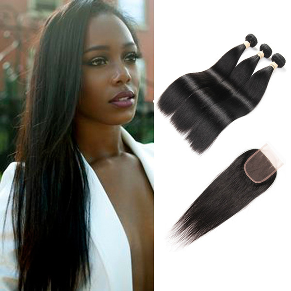 Brazilian Straight Hair Bundles With 4x4 Closure Unprocessed Brazilian virgin Hair Straight With Lace Closure Cheap Human Hair Extensions