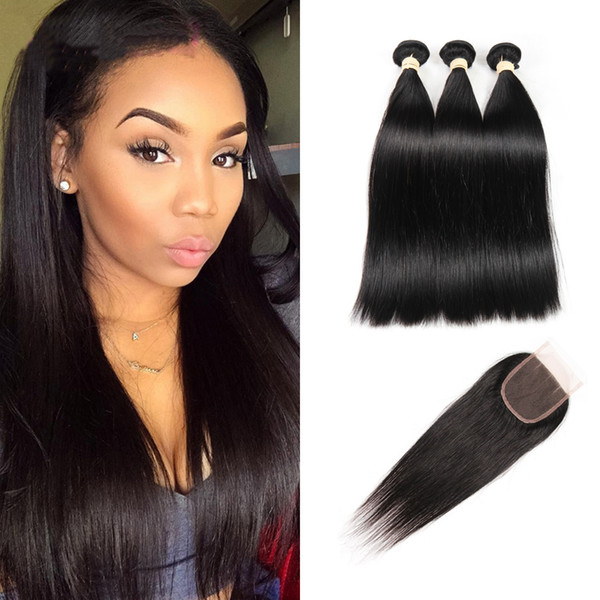 Peruvian Straight Human Hair Weaves 3 Bundles With Lace Closure Free Middle Three Part Non Remy no tangle