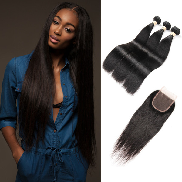 HC Unprocessed Brazilian Straight Human Hair 3 Bundles With Closure Brazilian Human Hair With Lace Closure For Hair Salon