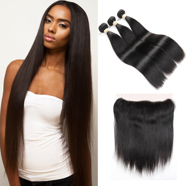 Brazilian Virgin Hair Straight with lace Frontal 4Pcs Ear to Ear Lace Frontal Closure straight Virgin Hair 13x4 Frontal With Bundles Deals