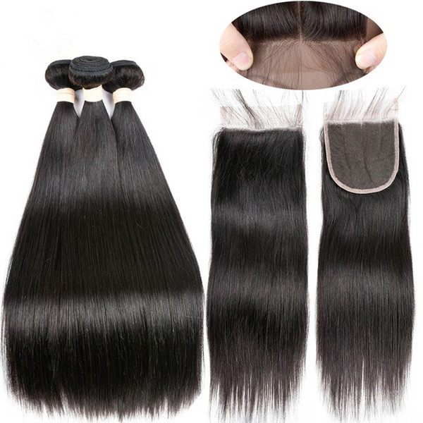 Brazilian Straight Hair Weave Natural Color Virgin Hair Extention Three Part 100% Human Hair 3 Bundles With Closure