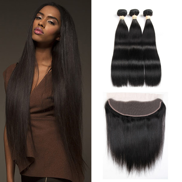 3 Bundles With Frontal Closure Remy Human Hair Bundles With Closure Brazilian Straight Hair Weaves Virgin Hair Extensions Lace Frontal