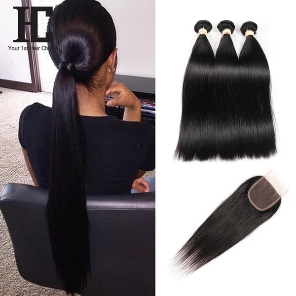 Brazilian Human Hair Bundles Lace Closure Non Remy Hair Weft Brazilian Straight Hair Weave 3 Bundles With Closure