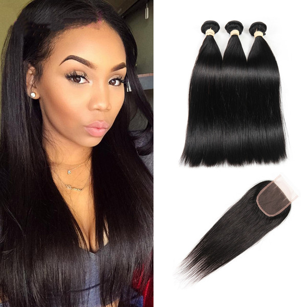 Brazilian Straight Hair Lace Closure Free Part Hair Weave Bundles Non Remy Natural Color Human Hair 3 Bundles With Closure