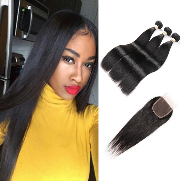 Peruvian Straight 3 Bundles With Closure 100% Human Hair Bundles Lace Closure With Baby Hair Non Remy Hair Weave