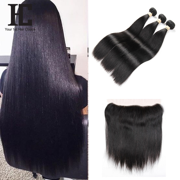 Straight Hair Lace Frontal with 3 Bundles Brazilian Human Hair Weft 13*4 Lace Frontal Ear to Ear Natural Hairline Human Hair Extensions