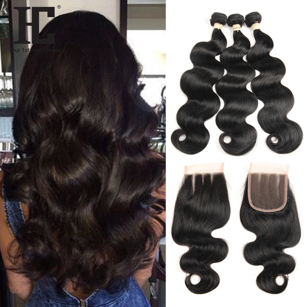 Brazilian Body Wave With Closure 3 Bundles With 4*4 Lace Closure 4 Pcs/Lot Remy Human Hair Weave Bundles With Closure