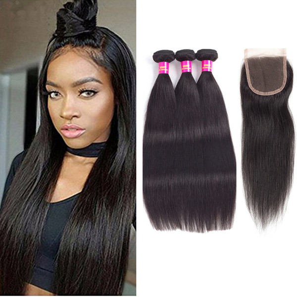 Brazilian Straight Hair Bundles With 4x4 Closure Free Part Brazilian virgin Hair Straight With Lace Closure Human Hair Extensions