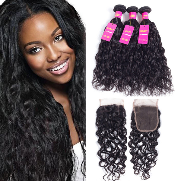 Brazilian Water Wave Hair With Closure 3 Bundles With Closure Human Hair wet and wavy natural color