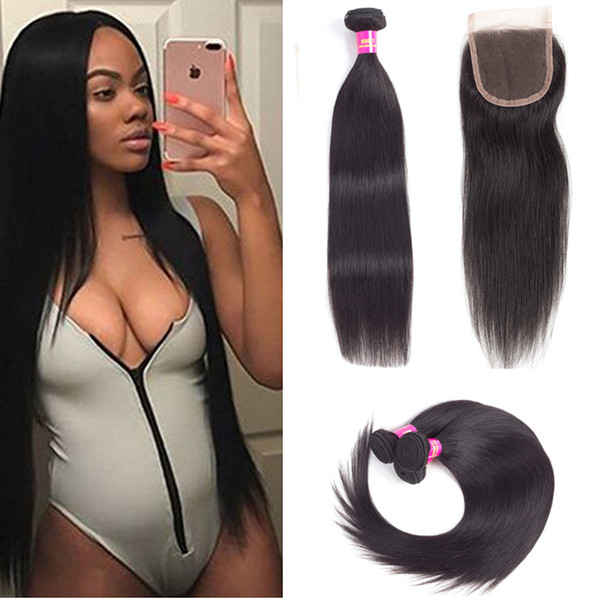 Brazilian Straight Virgin Hair Weaves 3 Bundles with Lace Closures Free Part 8A Grade Unprocessed Malaysian Peruvian Indian Remy Human Hair