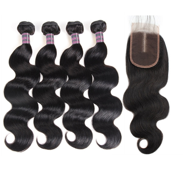 Indian Water Wave Human Hair Bundles With Closure Peruvian Wet and Wavy Hair 4 Bundles Malaysian Body Wave Deep Loose Hair Extensions